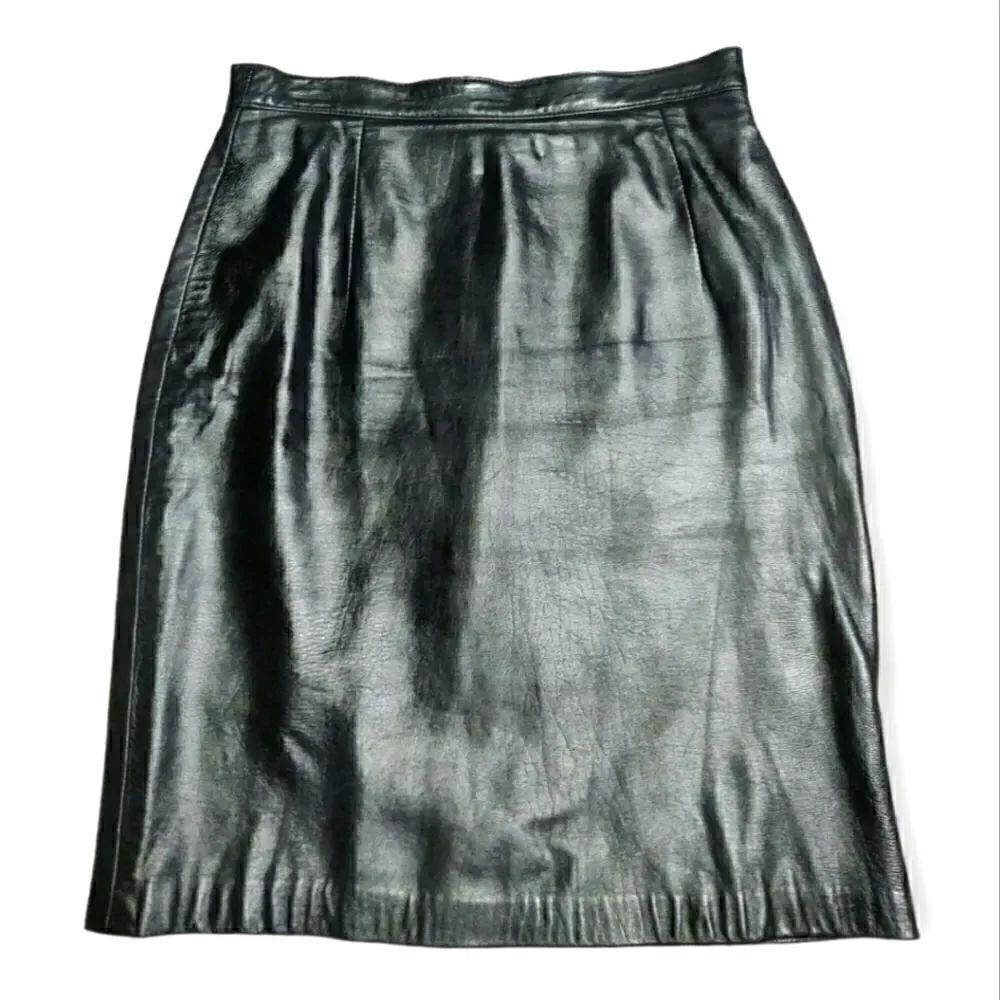 SKIN ON SKIN VINTAGE BLACK GENUINE LEATHER CLASSIC PENCIL SKIRT SIZE 10